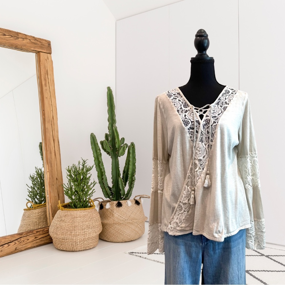 Sundance Long Sleeve Faux Wrap Lace Inset Top